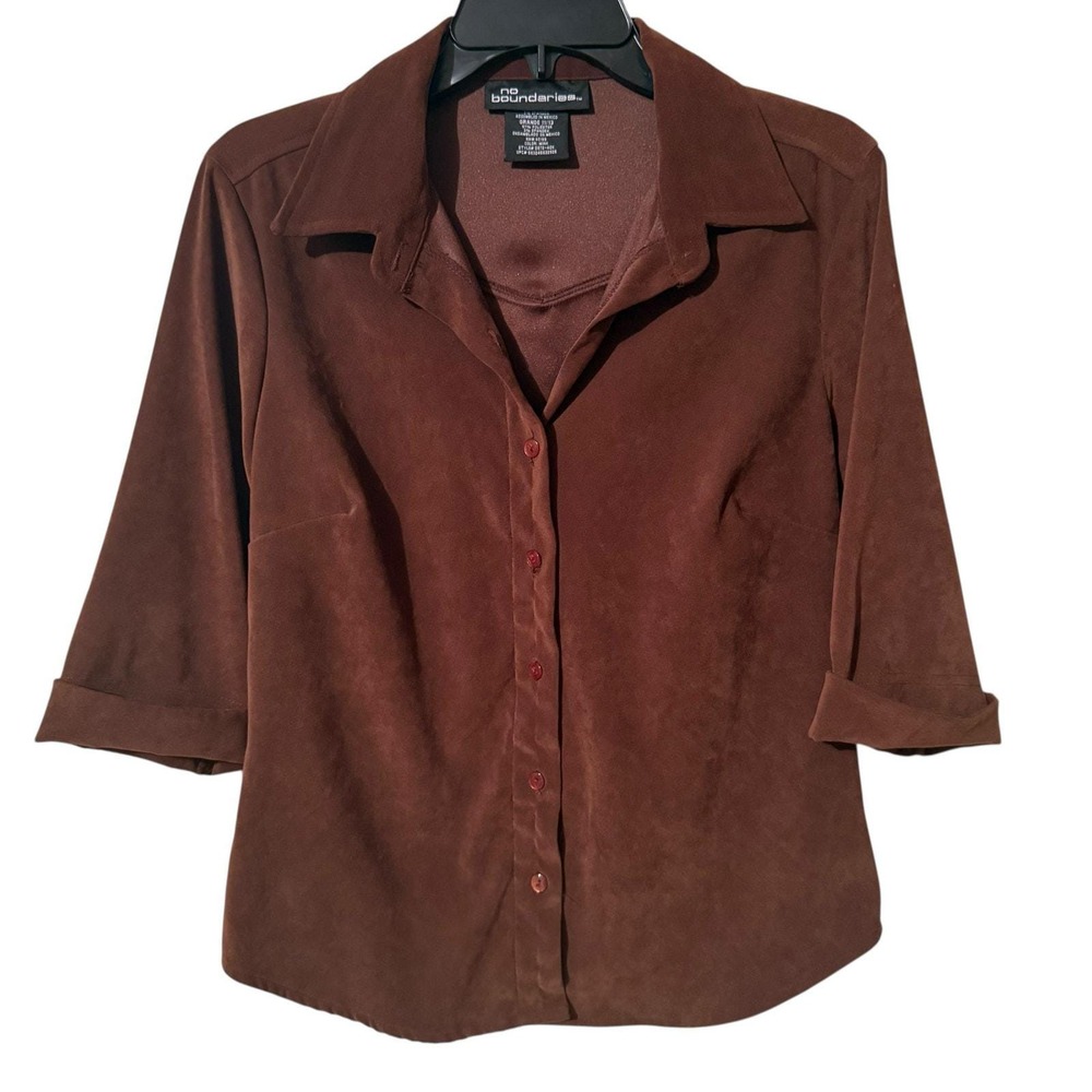 Vintage 90's No Boundaries Mink Brown Moleskin Faux Suede Button Down Shirt JR L